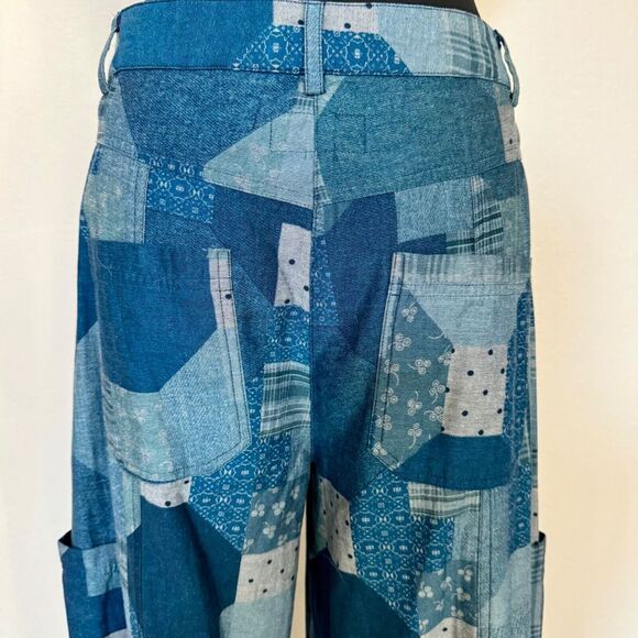 Johnny Was Workshop Pants Women Size 6 Blue Patchwork Wide Leg Trousers 70s Boho - Picture 5 of 12